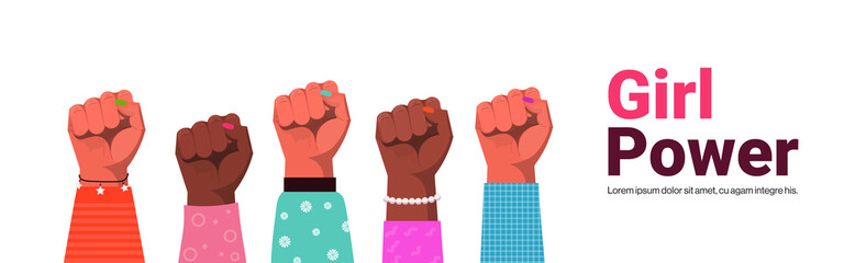 mix race raised up women's fists female empowerment movement girl power union of feminists concept copy space horizontal vector illustration