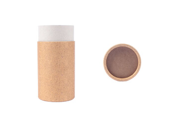 Mockup image of recyclable paper tube with paper cap. Cardboard container for packaging isolated on white background with copyspace. Recyclable packaging and zero waste concept