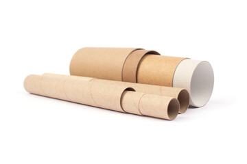 Set of different recyclable paper tubes, cardboard container for packaging isolated on white background with copyspace. Recyclable packaging or zero waste concept, mockup
