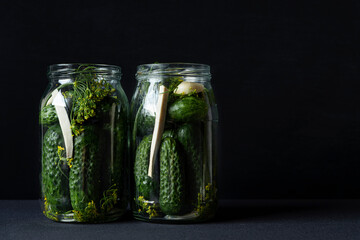 Preparing pickled cucumbers with herbs. Marinated cucumber gherkins in glass jar on black background with copy space. Homemade preserves