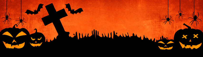 HALLOWEEN background banner wide panoramic panorama template -Silhouette of scary carved luminous cartoon pumpkins, bats, cross and spiders isolated on dark orange night texture on a graveyard 