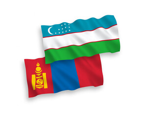 Fototapeta premium Flags of Mongolia and Uzbekistan on a white background