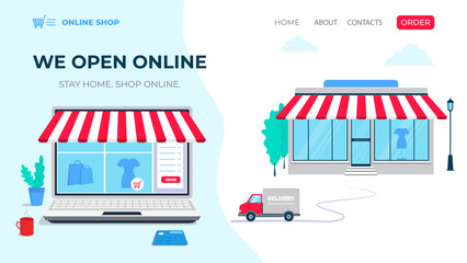 Offline to Online web banner. O2O sales system, ecommerce and retail business. Vector landing page, marketing strategy with cartoon flat illustration, shop building and online store on computer screen