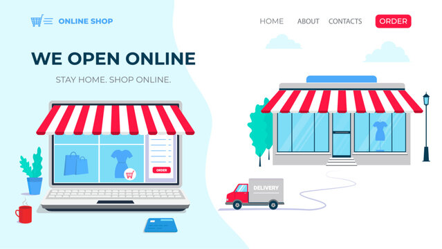 Offline to Online web banner. O2O sales system, ecommerce and retail business. Vector landing page, marketing strategy with cartoon flat illustration, shop building and online store on computer screen