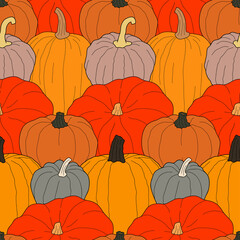 Pumpkin colorful seamless pattern. Vector illustration on doodle style. Healthy vegetarian food. Decoration for greeting cards, posters, patches, prints for clothes, emblems.