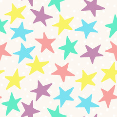Seamless pattern with yellow, blue, pink and purple stars. Vector design for textile, backgrounds, clothes, wrapping paper, web sites and wallpaper. Fashion illustration hand drawn seamless pattern.