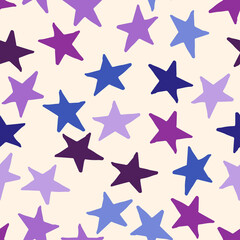 Seamless pattern with blue and purple stars on background. Vector design for textile, backgrounds, clothes, wrapping paper, web sites and wallpaper. Fashion illustration hand drawn seamless pattern.