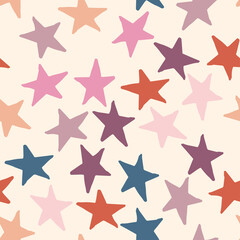 Obraz premium Seamless pattern with pink and brown stars on background. Vector design for textile, backgrounds, clothes, wrapping paper, web sites and wallpaper. Fashion illustration hand drawn seamless pattern.