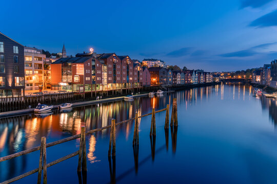 Colorful buildings by the Nidelva River, Trondheim, Norway.