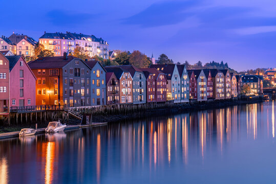 Colorful buildings by the Nidelva River, Trondheim, Norway.