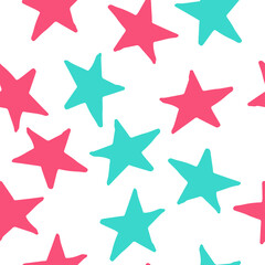 Seamless pattern with pink and blue stars on striped background. Vector design for textile, backgrounds, clothes, wrapping paper and wallpaper. Fashion illustration hand drawn seamless pattern.