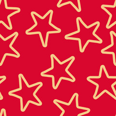 Seamless pattern with beige stars on red background. Vector design for textile, backgrounds, clothes, wrapping paper, web sites and wallpaper. Fashion illustration hand drawn seamless pattern.