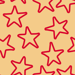 Fototapeta na wymiar Seamless pattern with red stars on beige background. Vector design for textile, backgrounds, clothes, wrapping paper, web sites and wallpaper. Fashion illustration hand drawn seamless pattern.