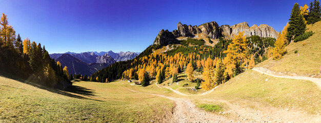 Breathtaking mountain scenery landscape in the Austrian Bavarian Alps with lake, meadows and...