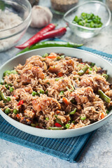 Fried rice witch chicken, eggs and vegetables