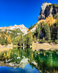 Breathtaking mountain scenery landscape in the Austrian Bavarian Alps with lake, meadows and...