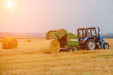 Obraz premium the production of rolls of straw tractor
