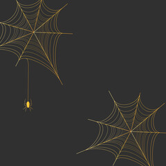 Gold spiderweb on black background. Halloween design elements. Spooky Scary horror decor vector.
