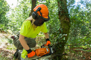 forest worker with chainsaw cutting trees