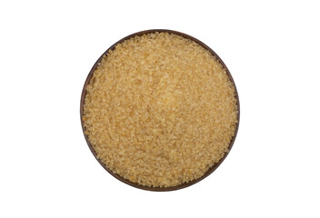 Sugar in natural wooden bowl isolated on white background, top view
