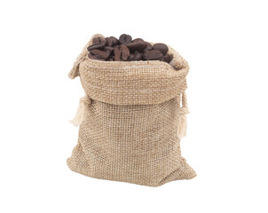 Roasted coffee beans in burlap sack isolated on white