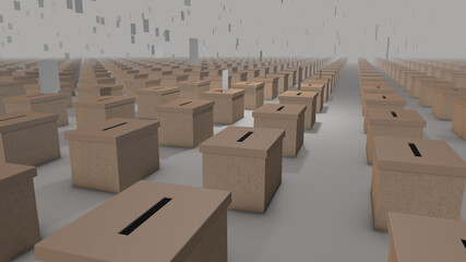 Votes falling into an infinite array of ballot boxes stretching to the horizon - 3d generated illustration - 382774579