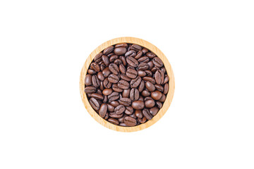 Coffee beans roasted in a wooden bowl isolated on white background. Top view.