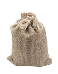 Full burlap sack with rope isolated on white background