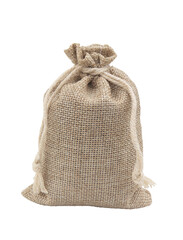Full burlap sack with rope isolated on white background