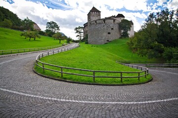 Fototapeta na wymiar A curving road and Vaduz Castle on green grass in the background. Summer in Liechtenstein. 