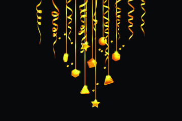 Festive background with gold decorations and serpentine. Vector EPS10