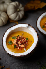 pumpkin soup puree with grenks in coconut