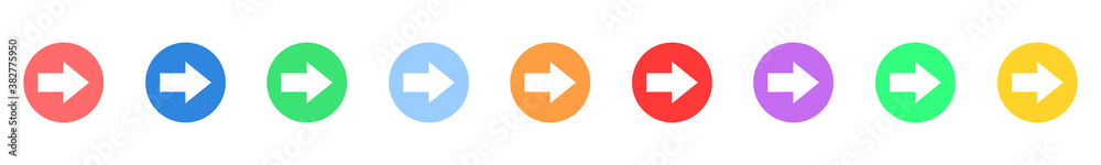 Poster arrow sign icon set. colored buttons with arrow icon. circle shape buttons. arrow vector icon. colle