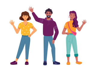 Fototapeta premium Positive multiethnic characters waving hands, isolated greeting multiracial people. Community of diverse ethnicity, nationalities and cultures. Multireligious society. Millennial man and women vector