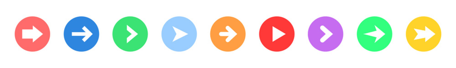 Arrow sign icon set. Colored buttons with arrow icon. Circle shape buttons. Arrow vector icon. Collection arrow icon. Arrows isolated on white background. Vector illustration EPS 10.