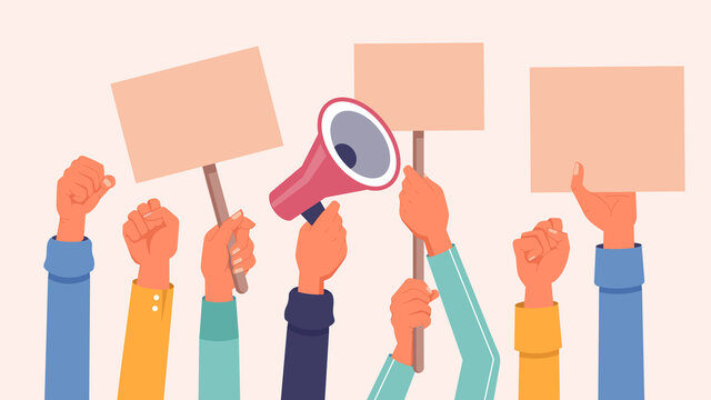 Hands with protest banners, placards and megaphone, vector flat background. Protester people hands holding banners or demonstration placards, social rights demonstration or manifestation strike