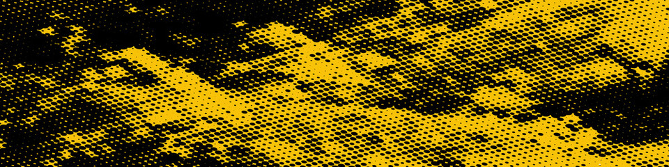 Abstract wide monochrome grunge halftone panoramic pattern.. Purple spots on black background	
