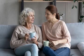 Happy mature woman with adult daughter drinking tea or coffee, sitting on cozy couch in living...