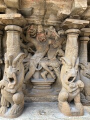 Sandstone carvings of Lion sculpture in the pillars of ancient kanchi Kailasanathar temple in Kanchipuram