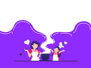 vector illustration mom and kids cooking together flat design style
