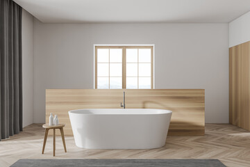 Fototapeta na wymiar Modern white and wooden bathroom interior with tub