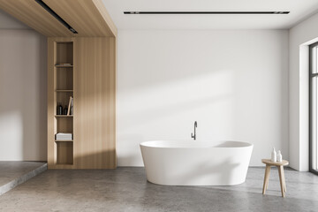 Obraz na płótnie Canvas Modern white and wooden bathroom with tub