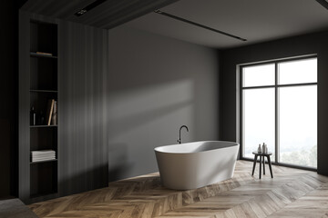 Naklejka na ściany i meble Stylish gray and wooden bathroom corner with tub
