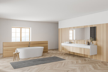 Fototapeta na wymiar Modern white and wooden bathroom corner