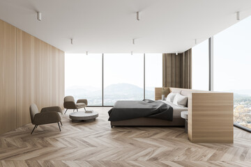 Modern panoramic wooden master bedroom interior with armchairs, side view