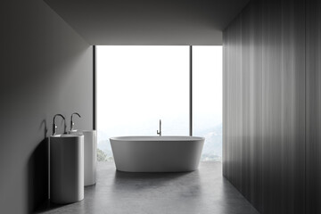 Obraz na płótnie Canvas Stylish gray and wooden bathroom interior with tub and sink