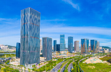 Fototapeta premium Aerial view of Hengqin Free Trade Zone, Zhuhai City, Guangdong Province, China