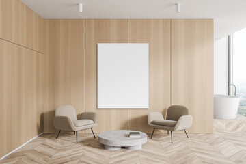 Modern wooden living room with armchairs and poster