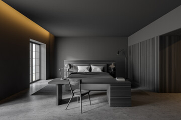 Stylish gray and wooden bedroom interior with home office
