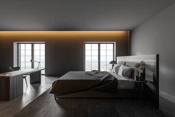 Stylish gray and wooden master bedroom with home office, side view